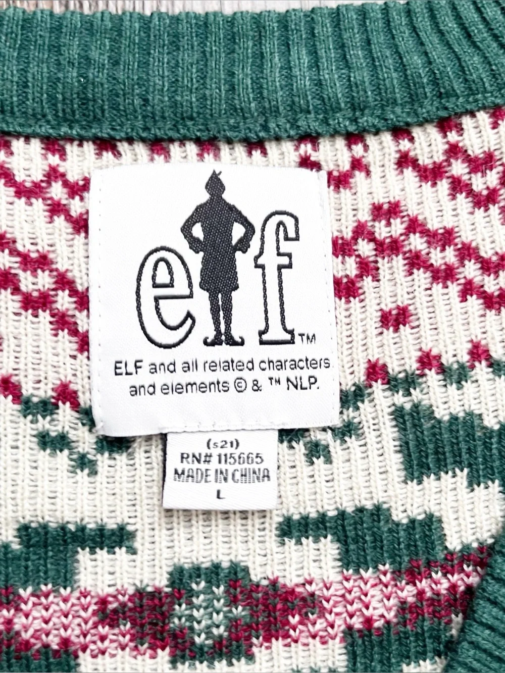 ELF Cotton-Headed Ninny Muggins Holiday Cardigan Sweater Green & Red Men’s Large